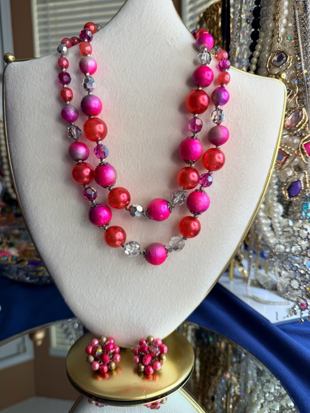 Vendome Vintage Pink, Orange and Crystal Double Strand Necklace and Earrings.